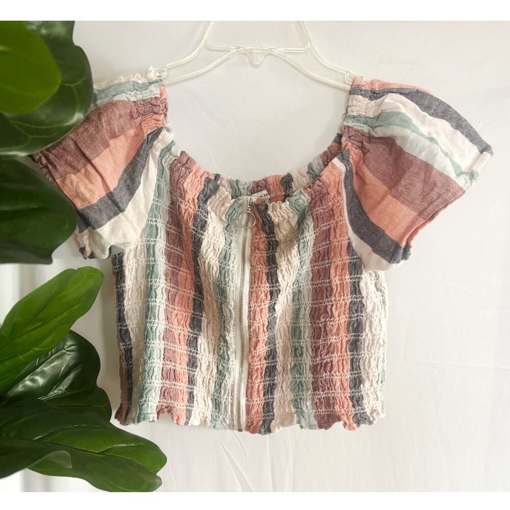 American Eagle Multicolor Striped Cropped Faux Zip Top Womens Size M